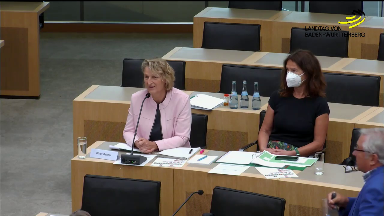 Bildbeschreibung: Birgit Gustke und Bettina Grande sitzen im Parlaments-Bereich des Landtages. Birgit Gustke spricht das vor ihr stehende Mikrofon.